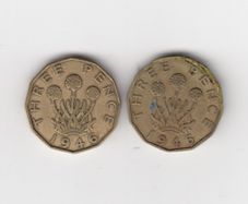 1946 Great Britain -2 X Three Pence Coins - George Vi - Low Mint Year )(no 422)