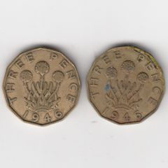 1946 Great Britain -2 X Three Pence Coins - George Vi - Low Mint Year )(no 422)