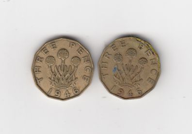 1946 Great Britain -2 X Three Pence Coins - George Vi - Low Mint Year )(no 422)