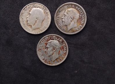 3 Vintage UK Silver Shilling Coins ( 1922, 1933 and 1939 ) - 50% Silver