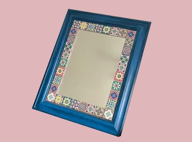 Decorative wall mirror with colourful handcrafted mosaic tile border