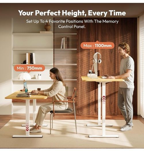 Electric Standing Desk 110x54 One Piece Height Adjustable Desk With Memory Smart Panel Sit Stand Table With Hooks for Home Office, Maple