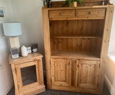 Waxed Pine Bookcase/Dresser, glass cabinet drinks, 2 drawer coffee table