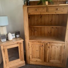 Waxed Pine Bookcase/Dresser, glass cabinet drinks, 2 drawer coffee table