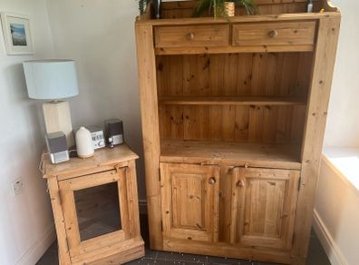 Waxed Pine Bookcase/Dresser, glass cabinet drinks, 2 drawer coffee table