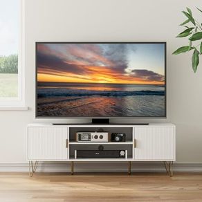 White Wood TV Stand for up to 65 Inch TV, 137cm TV Unit with 2 Cabinets and Open Shelves, Modern TV Console Table for Living Room,53.9 x 15.0 x 18.9 inches
