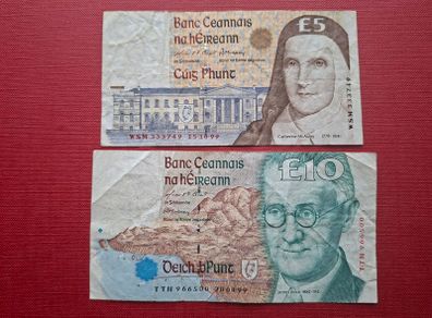 Two Irish C Series Notes: 10 Pounds (1997) & 5 Pounds (1999)