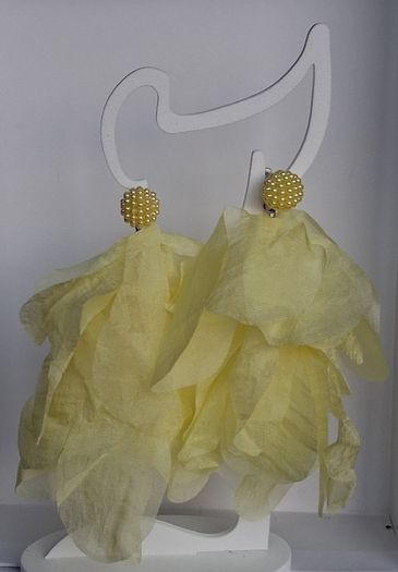 Lemon Yellow Pearl Cluster Stud Glass Inlay Extravagant Chiffon Petal Tassel Earrings