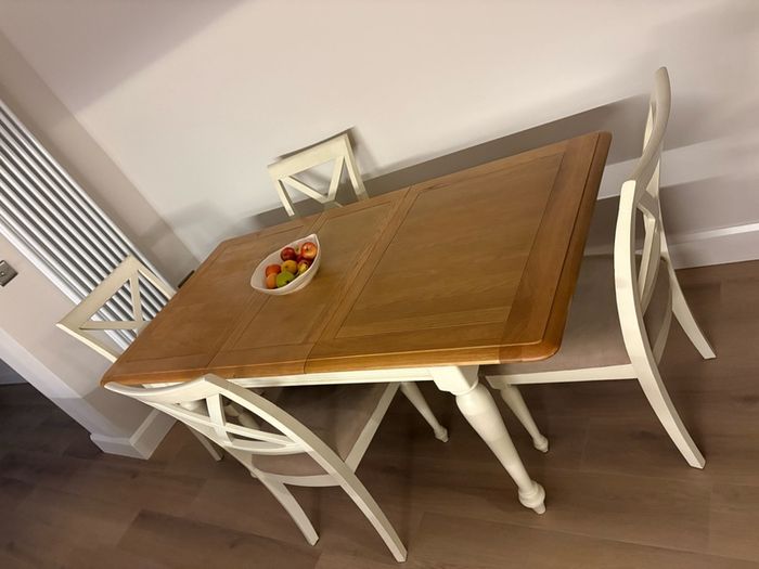 Extendible Wooden dining table & 4 fabric cushioned chairs