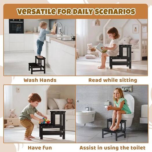 Kids Step Stool for Bathroom  Wodden Two Step Stools 300 lbs Capacity with Safety Non-Slip Pads - Cute Toddler Step Stool for Toilet Bathroom Sink (Black)