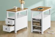 Set of 2 Narrow Bedside Table with Power Strip Walnut and White