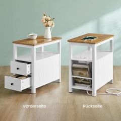 Set of 2 Narrow Bedside Table with Power Strip Walnut and White