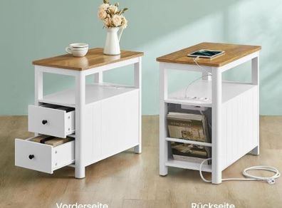 Set of 2 Narrow Bedside Table with Power Strip Walnut and White