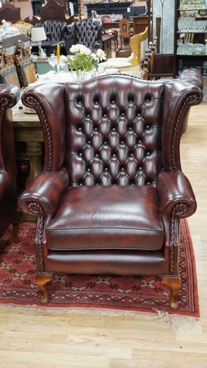 Pair of Oxblood Leather Wingback Armchairs