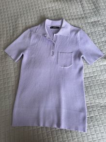 Dunnes Lilac Purple Fine Knit Ribbed Polo Shirt Top - Size M