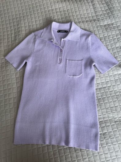 Dunnes Lilac Purple Fine Knit Ribbed Polo Shirt Top - Size M