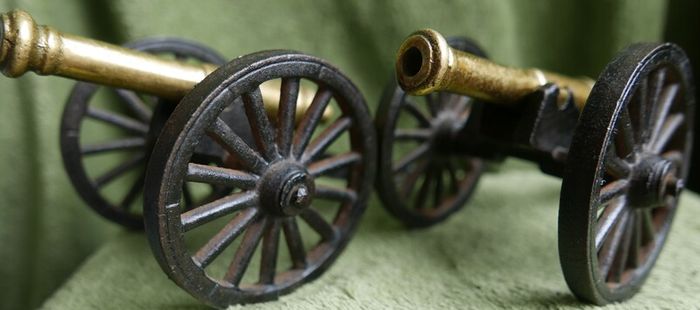 Vintage Brass and Cast Iron Cannons - Moving Wheels - Adjustable Mini Cannon - Set of 2