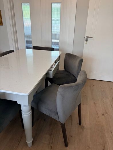 Marble top Dining Table w/ 6 grey velvet chairs