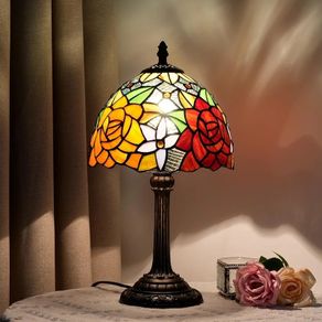 Lamp - Rose Flower Stained Glass Table Lamp 8x8x14 Inches - Rose Flower Style Desk Reading Light - Bedroom & Living Room Decor