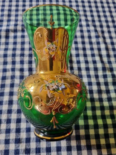Vintage Bohemian Glass Czech Green Gold Vase