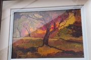 Framed under glass oil panting on board of land scape signed M.M KENNA