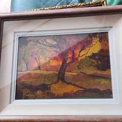 Framed under glass oil panting on board of land scape signed M.M KENNA