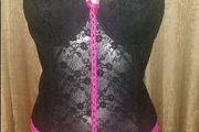 Brand new Sorbet Black&amp;Pink lace corset with stripes for stockings size UK10/12 EUR38/40 cup UK34E EUR75E Postage included