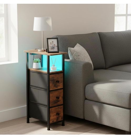 Narrow Bedside Table Set of 2, Slim Side Table for Bedroom Bed Side Table Living Room with Charging Station, Sofa Table with 3 Fabric Drawers, Small Nightstand with LED Lights, Brown