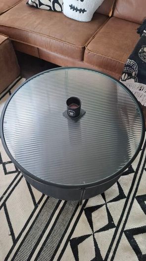 Glass & black wood/metal coffee table