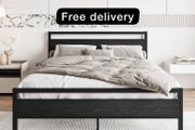 King Size Bed Frame with Wood Headboard,Heavy Duty Metal Platform Bed