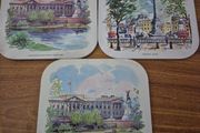 Set of 3 Vintage Metal Fronted Table Mats Decorated With Illustrations Of Places in England