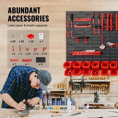 Wall Mounted Storage Bins, 30-Bin Parts Rack Organizer Garage Plastic Shop Tool with Wall Panels/Tool Holders/Hooks, Tool Organizer for Nuts, Bolts, Screws, Nails, Beads, Buttons, Black and Red