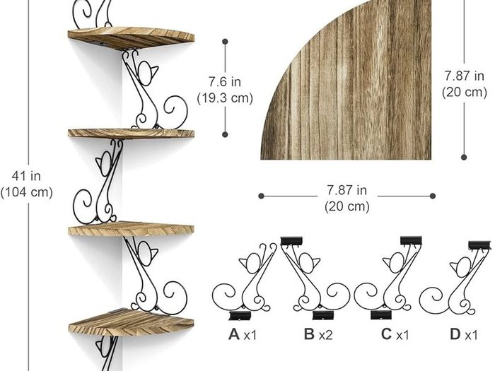 MULTIPLE COLOURS AVAILABLE Corner Shelf Wall Mount of 4 Tier Rustic Wood Floating Shelf Cat Shape Metal Stand for Bedroom Living Room Bathroom Kitchen Office and More Carbonized Black