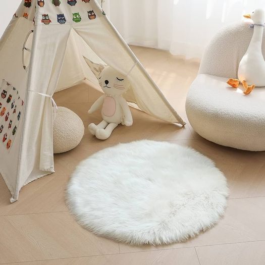 MULTIPLE SIZES AVAILABLE Faux Fur Rug Round Shape Shaggy Rugs Floor Carpet for Bedroom Living Room Kids Room, White/Diam 20 inch