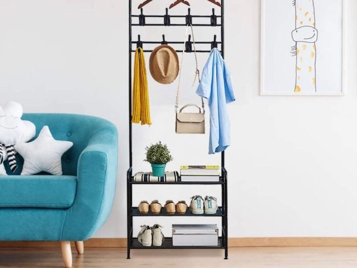 Coat Rack Shoe Bench with 16 Hooks, Metal Coat Hat Rack Free Standing Clothes Stand with 3-Tier Shoe Rack Bench, Hat Umbrella Stand Hallway Organiser, 3-in-1 Hall Tree with Metal Frame