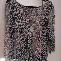 Black Lace top with applique silver ribbon and sequins