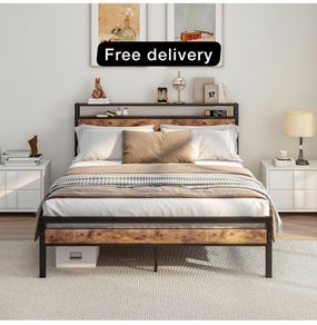 King Size Bed Frame with Storage Wooden Headboard,Bed