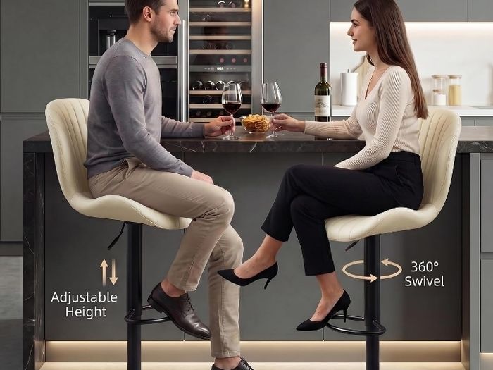 Bar Stools Set of 2, 360 Swivel Bar Chairs, Kitchen Dining Stools, Beige  Height Adjustable, with Back, Modern PU Leather, Metal Footrest & Base, for Breakfast