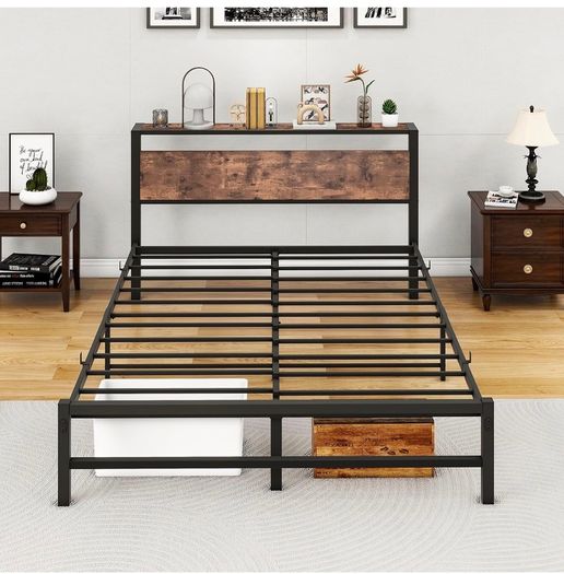King Size Bed Frame with Headboard,Metal Bed 150x200 cm,Brown No Box Spring Needed,Steel Slats Mattress Foundation Square Pipe Design Noise Free Black+Brown