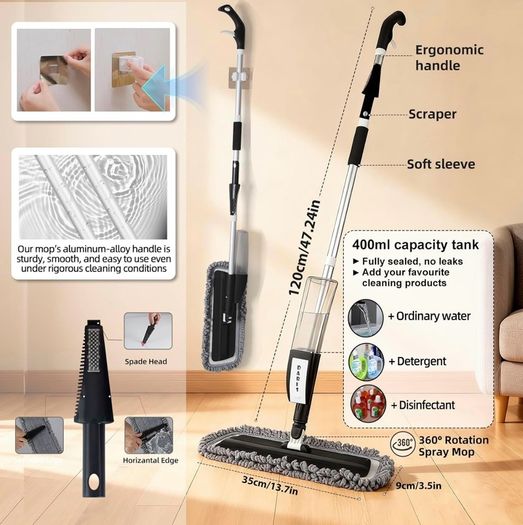 Spray Mops for Cleaning Floors-Microfibre Flat Mop with Sprayer FLoor Mop Wet Dry Floor Mop for House Cleaning with 2 Reusable Replacement Pads and 1 Refillable Bottle