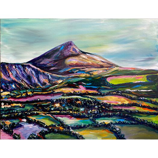 Sugar Loaf and Fields, mini framed brint by artist Helen Mathews