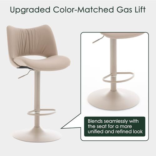 Bar Stools Set of 2, Modern Breakfast Barstools with Open Backrest, Swivel Adjustable PU Leather Counter Height Kitchen Stools for Home Bar with Metal Footrest, All Khaki