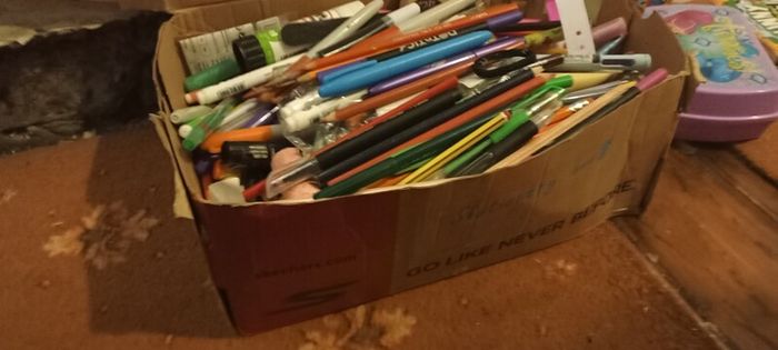 Shoebox of Pens.Colour pencil/Crayon etc