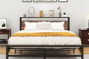 King Size bed frame With Wood Storage Headboard No Box Spring Needed,Steel Slats Mattress Foundation Square Pipe Design Noise Free Black King