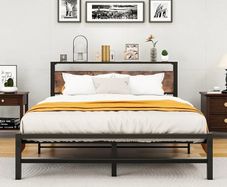 King Size bed frame With Wood Storage Headboard No Box Spring Needed,Steel Slats Mattress Foundation Square Pipe Design Noise Free Black King