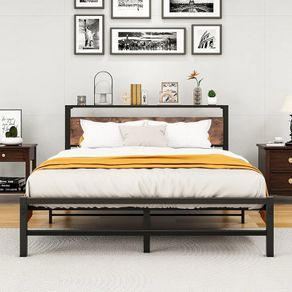 King Size bed frame With Wood Storage Headboard No Box Spring Needed,Steel Slats Mattress Foundation Square Pipe Design Noise Free Black King