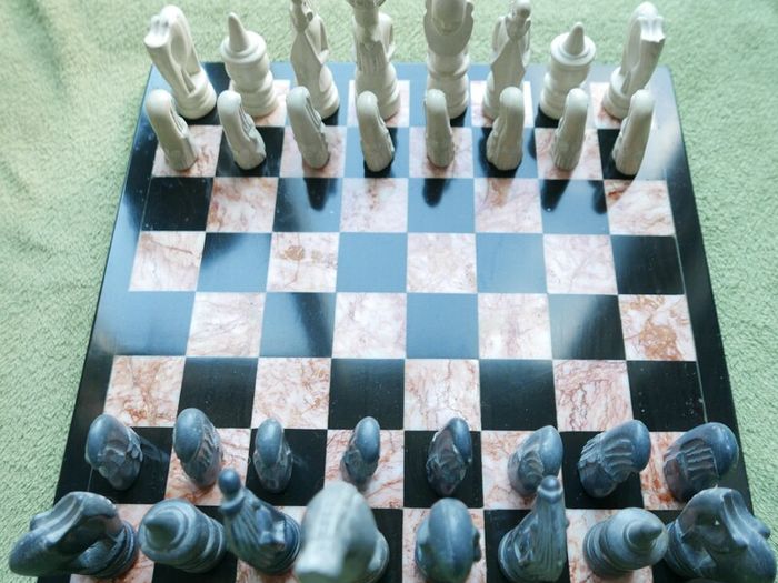 Vintage Marble Chess Board, 14 inch and Handcrafted African Soapstone Chess Set (king 6")