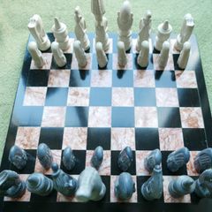 Vintage Marble Chess Board, 14 inch and Handcrafted African Soapstone Chess Set (king 6")