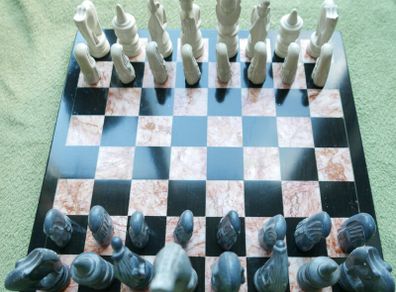 Vintage Marble Chess Board, 14 inch and Handcrafted African Soapstone Chess Set (king 6")