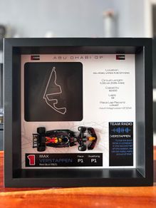 Handmade Formula 1 display frames made with a 1:43 scale F1 car model and the track layout